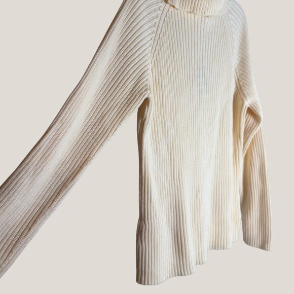 Land’s End Cream Ribbed Knit Sweater – Button Collar Pullover, Cozy Winter Class - Picture 2 of 8